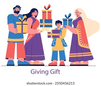 Concepto de celebración Diwali. Familia india intercambiando regalos durante el festival de las luces. Tradición cultural de dar regalos en atuendo vibrante. Ilustración vectorial.