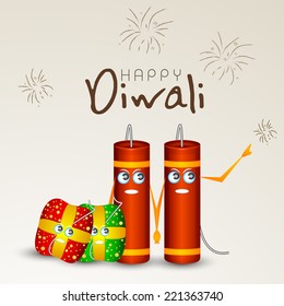 Celebración en Diwali con petardos agarrándose unos a otros y elegante texto de Feliz Diwali.