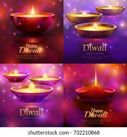 Diwali celebration design concept with burning festive lamps on purple blurred background with sparkles isolated vector illustration 