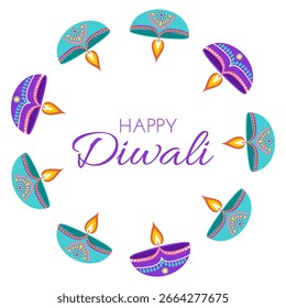 Diwali celebration elements frame with diyas and text in flat style. Deepavali vector illustration for print and online projects