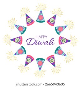 Marco de Elementos de celebración Diwali con diyas y texto en estilo plano. Ilustración vectorial Deepavali para proyectos impresos y en línea