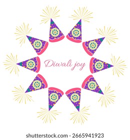 Marco de Elementos de celebración de Diwali con fuegos artificiales y texto en estilo plano. Ilustración vectorial Deepavali para proyectos impresos y en línea