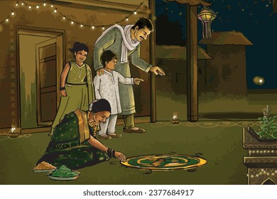 Diwali Celebration Family, Happy Diwali in vector illustration.