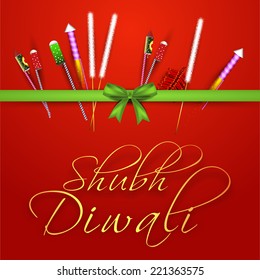 Diwali celebration with firecrackers binding in a ribbon with stylish text of Shubh Diwali on shiny red background.