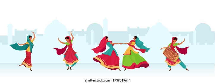 Diwali celebration flat color vector illustration. Nepal woman dance together. Teej festival ritual. Indian woman in traditional saree 2D cartoon characters with landscape on background