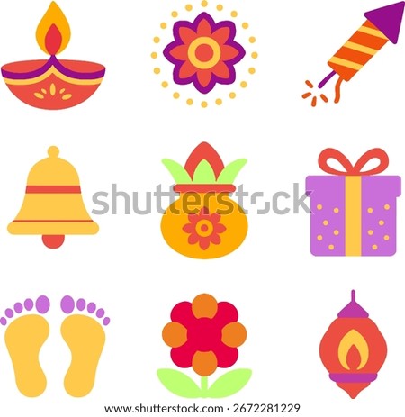 Diwali Celebration Flat Vector Icons, cheerful set of flat vector icons depicting symbols of the Diwali festival. 