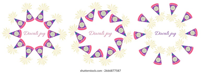 Quadros de celebração do Diwali com fogos de artifício e texto em estilo plano. Ilustração vetorial depavali para projetos impressos e on-line