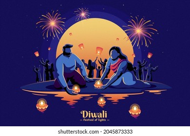 Diwali celebration greeting card. Silhouette of Indian couple launching diya lamp onto water and people releasing sky lanterns into the night sky.