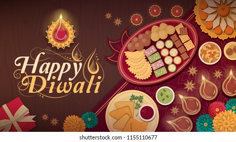 Diwali celebration at home with traditional food and lamps