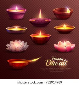 Diwali celebration icons set with burning oil lamps of various shape on transparent background isolated vector illustration