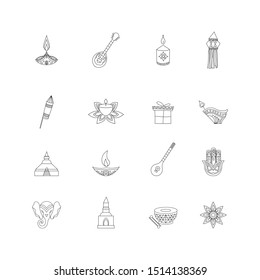 Diwali celebration icons. Set of different linear icons.