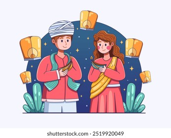 Diwali celebration illustration featuring two people dressed in exquisite Indian clothing, holding diyas, traditional Indian oil lamps, with flying lanterns in the background.