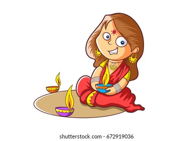 Diwali celebration lighting diyas. Vector Illustrations. Isolated on white background.