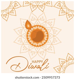 Celebração do Diwali com lâmpadas de óleo. Lindo rangoli com decoração de cor dourada. Conceito do festival de Diwali. Ilustração de vetor plano.