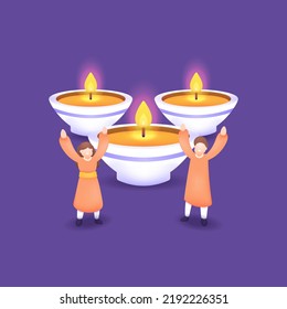 Diwali Celebration. People Celebrate And Enjoy Light Events Or Festivals. Diwali Or Deepavali. Light A Lamp Or Candle. Happy Deepavali. Vector Illustration Concept Design. Graphic Elements. 3d