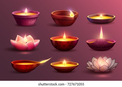 Diwali celebration set with decorative colourful images of burning candles with different pattern and shape vector illustration