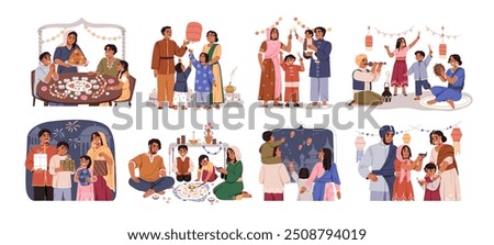 Diwali celebration set. Indian family with festive lights, decorations. Happy mom, dad, kids celebrate Deepavali in India together, Hindu holiday. Flat vector illustration isolated on white background