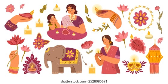 Conjunto de celebración Diwali, flores y hojas aisladas, velas y lámparas de aceite. Vector de indios con ropas tradicionales y rangoli para la decoración de la calle y el patio, elefante con capa y patrón