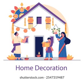 Diwali celebration vector. A family decorates their home with festive lights, lanterns, and traditional elements. Cultural, ritual preparation in welcoming the festival of lights. Vector illustration.