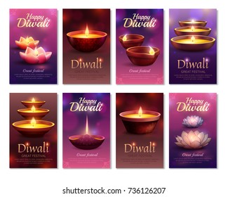 Diwali celebration vertical cards with burning letterings and festive oil lamps on blurred background isolated vector illustration 