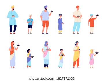 Diwali characters. Happy asian people, fun young indian woman man and children. Traditional festival of india celebrating group vector set