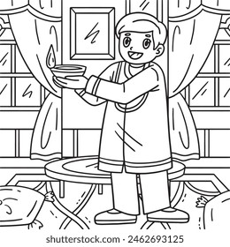 Diwali Child Holding Candle Coloring Page for Kids