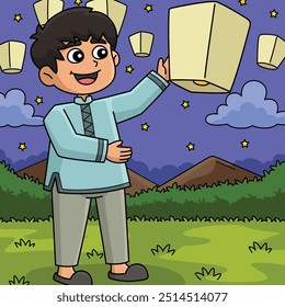 Diwali Child with Lantern Colored Cartoon 