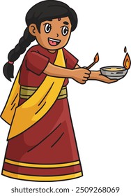 Diwali Child Lighting Candle Cartoon Clipart