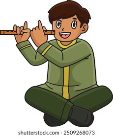 Diwali Child Playing Flute Cartoon Colored Clipart
