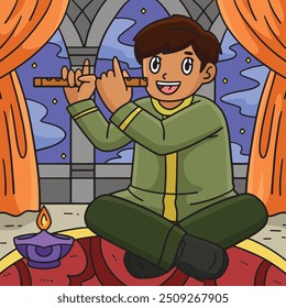 Diwali Child Playing Flute Colored Cartoon