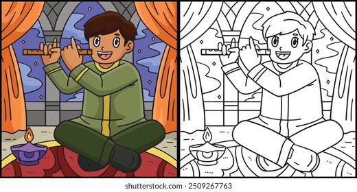 Diwali Child Playing Flute Coloring Illustration