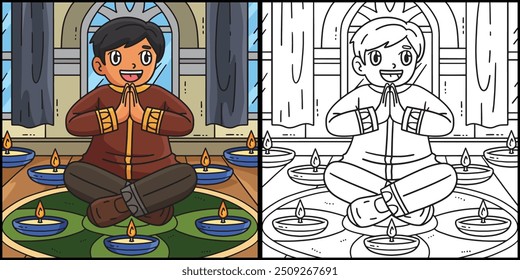 Diwali niño orando para colorear ilustración de la página