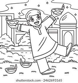 Diwali Child Raising Candles Coloring Page