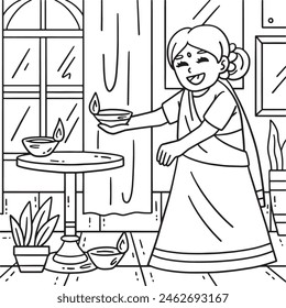 Página para colorear velas de configuración infantil Diwali para niños