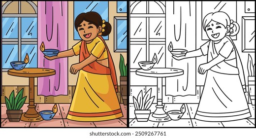 Diwali Child Setting Candle Coloring Illustration