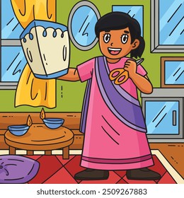 Diwali Child with Sky Lantern Colored Cartoon