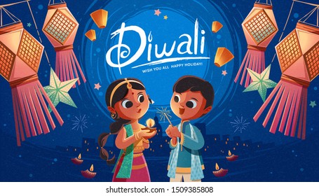 Diwali children holding oil lamp and sparkler with hanging Indian lanterns and sky lanterns in the background