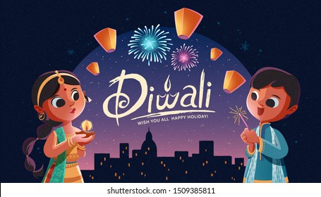 Diwali children holding oil lamp and sparkler with sky lanterns in the city night background