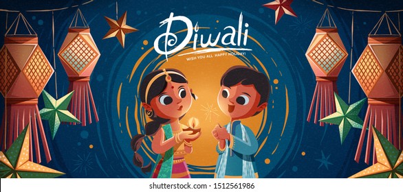 Diwali children holding oil lamp and sparkler with hanging Indian lanterns in the background Diwali children holding oil lamp and sparkler with hanging Indian lanterns in the background