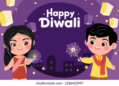 Diwali children holding oil lamp and sparkler with hanging indian lanterns and sky lanterns