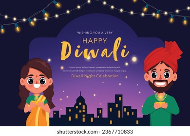 Diwali children holding oil lamp and sparkler with sky lanterns in the city night background
