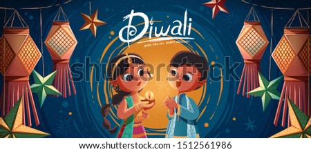 Similar – Image, Stock Photo Boy illuminated with lantern telling a terror story to surprised girl sitting in dark living room