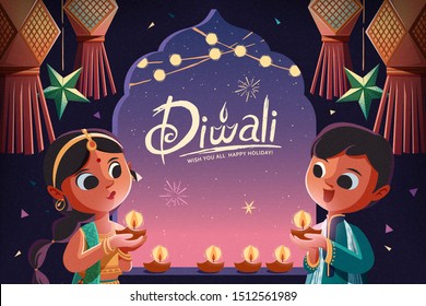 Diwali children holding oil lamps with hanging lanterns in the starry night background