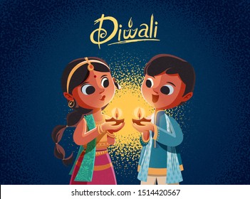 Diwali children holding oil lamps illustration on blue background