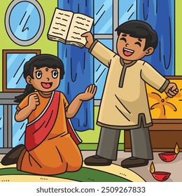 Diwali Children Telling Stories Colored Cartoon