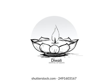 Lámpara de arcilla de Diwali para el saludo de Diwali, tarjeta, Festival de Anuncio de luces. El gran festival indio Deepavali Vector sólido contorno negro ilustración de arte