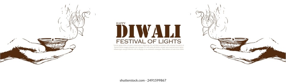 Diwali clay lamp on hand for diwali greeting,card,banner Festival of lights. The big indian festival Deepavali vector line art illustration