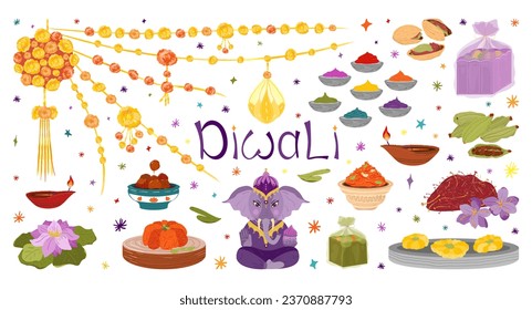 Diwali clipart Set. Flat illustration of doodle Diwali symbols and characters for design. Ganesha, diya, lotus, Holi Gulal Powder, Diwali mithai, sweets, cardamom, saffron, pistachio, marigold garland