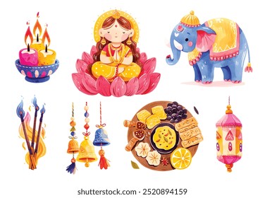 Conjunto de clipart de Diwali. Ilustração em aquarela de símbolos Diwali e caracteres para design. Ganesha, diya, lótus, mithai de Diwali, doces, guirlanda de calêndula