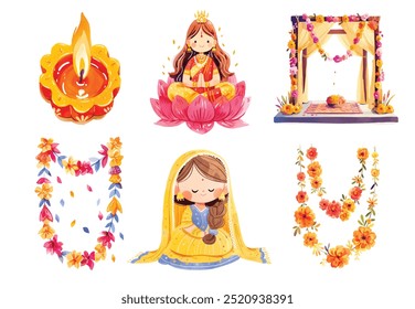 Diwali clipart Set. Watercolor illustration of Diwali symbols and characters for design. Ganesha, diya, lotus, Diwali mithai, sweets, marigold garland